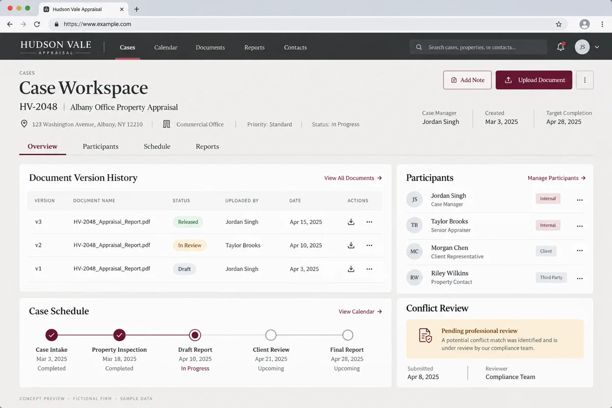Appraisal & umpire firms software dashboard concept with fictional regional firm branding and sample data