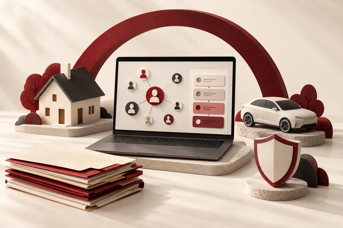 Insurance relationship dashboard with organized policy folders and miniature house and car