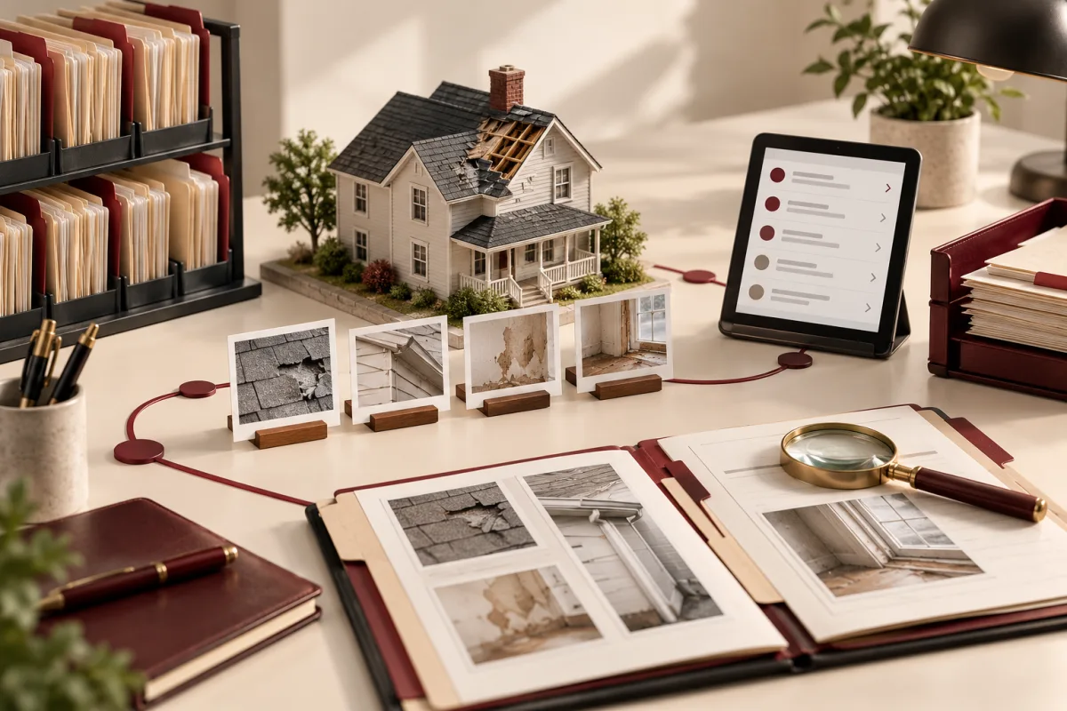 Small adjusting office with claim evidence and an assignment tablet