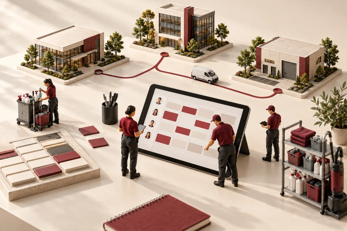 Cleaning crew calendar with routes linking miniature commercial buildings