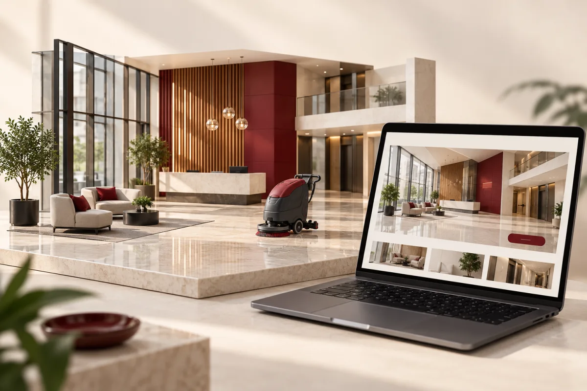 Commercial cleaning website beside a miniature office lobby and floor machine
