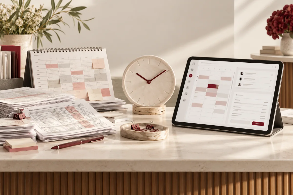 Clinic appointment papers and a connected scheduling tablet beside a small clock