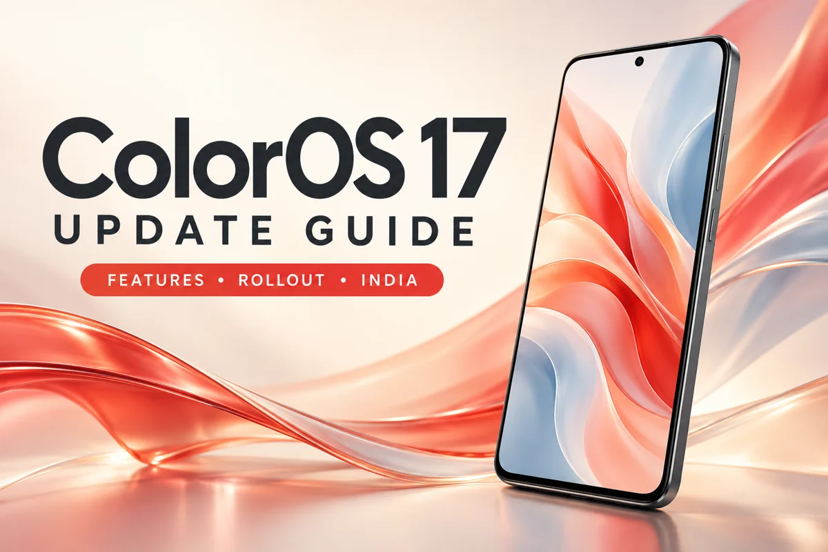 ColorOS 17 update guide with a conceptual smartphone and flowing coral design