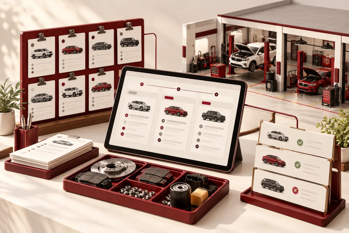 Automotive repair orders and parts linked to an organized garage dashboard