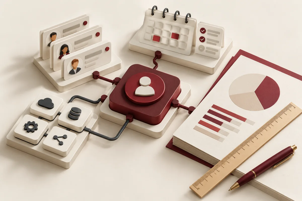 Customer management modules arranged beside a project budget and measuring ruler