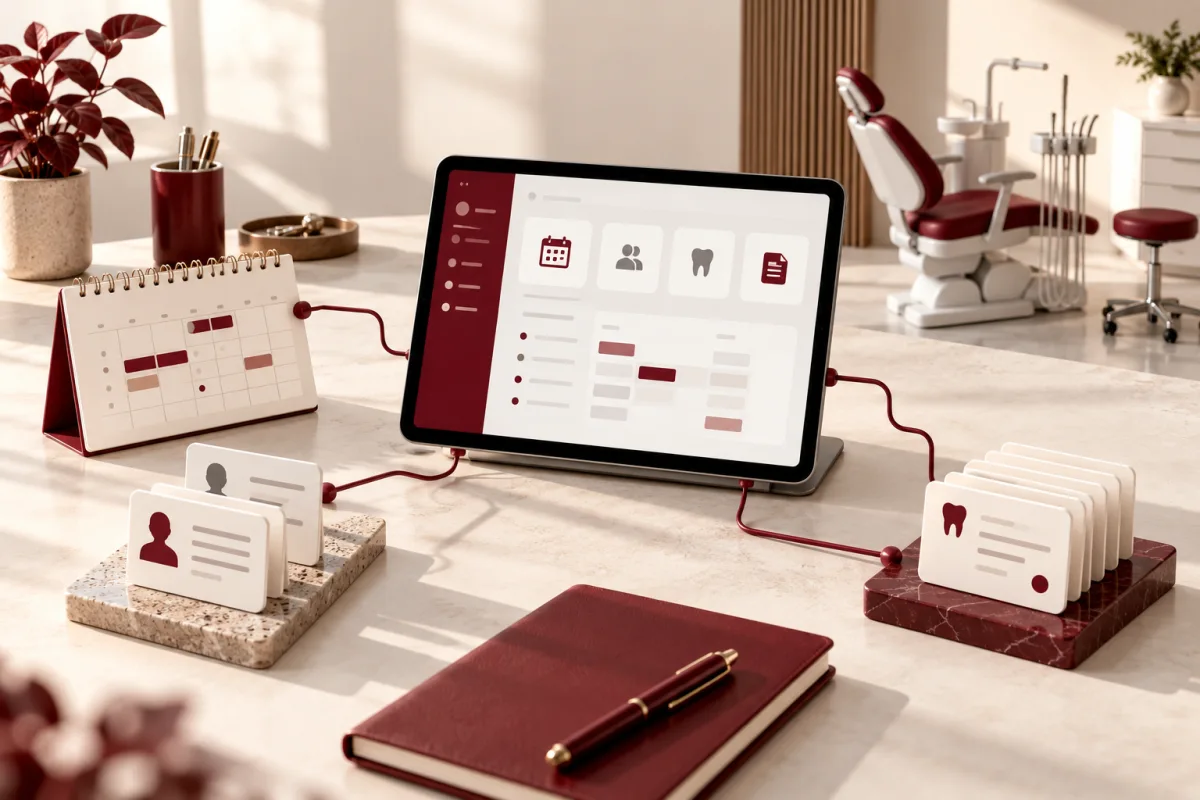 Dental appointment records and billing modules connected to a practice tablet
