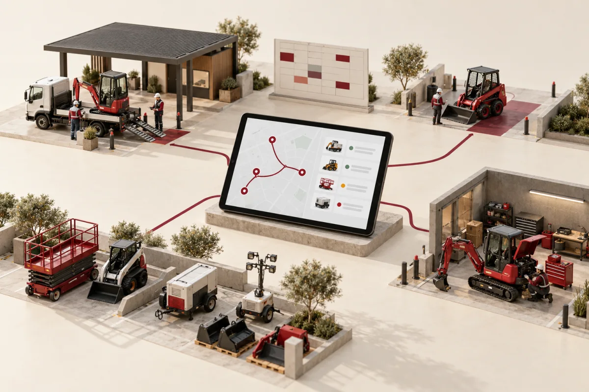 Equipment rental pickup, return and service zones linked to one operations tablet