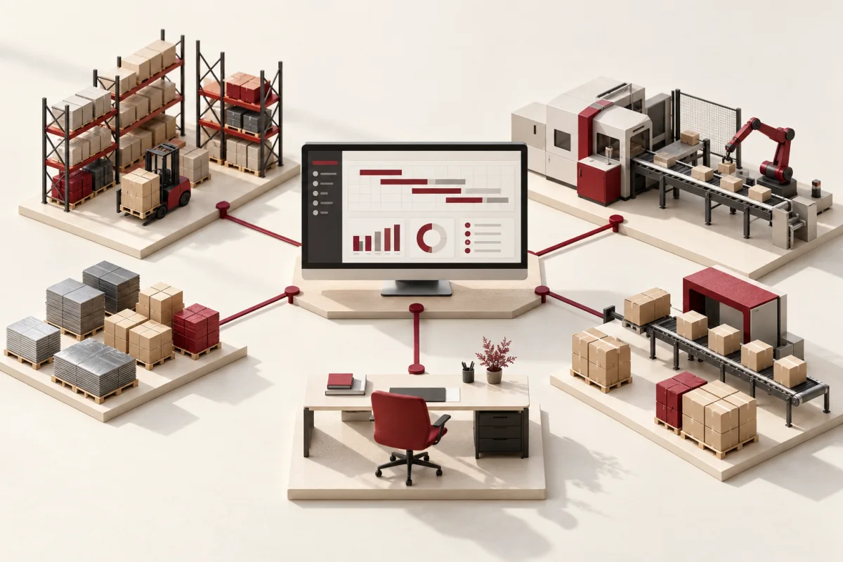 Miniature manufacturing line and warehouse connected to a central planning dashboard