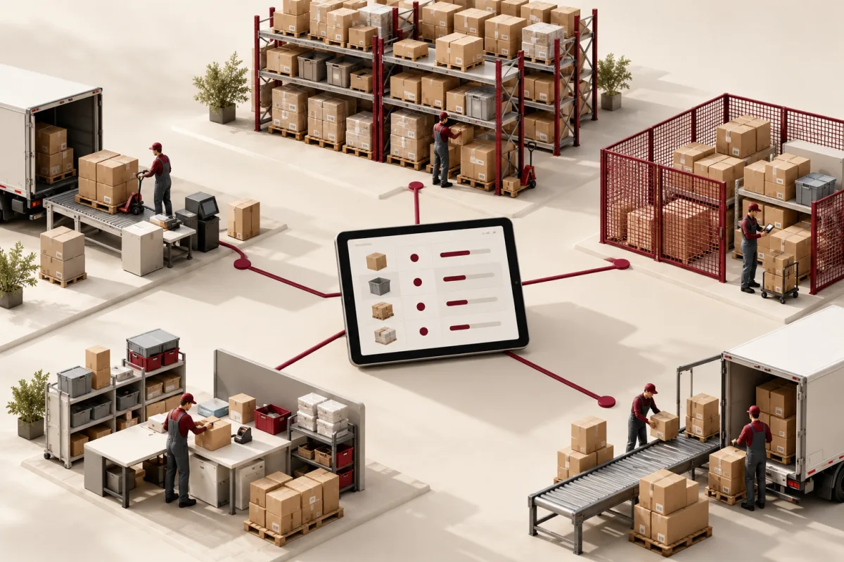 Wholesale receiving and dispatch stations connected to an inventory tablet