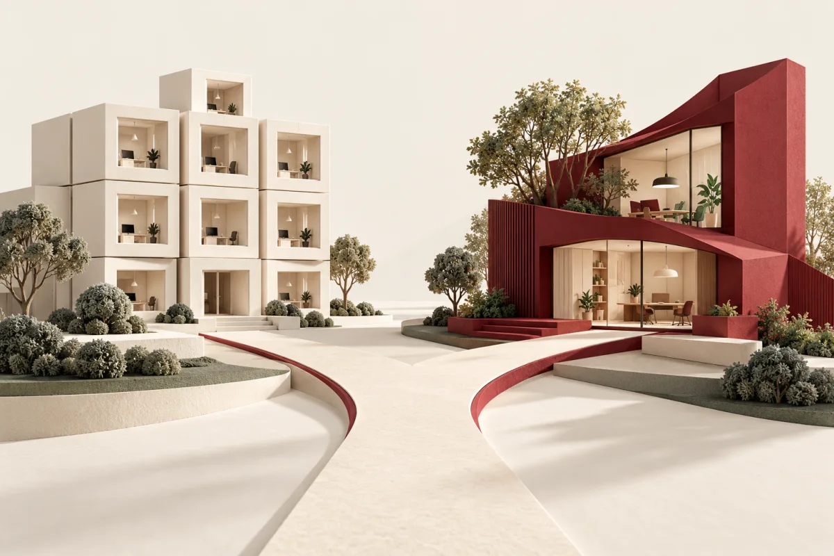 Modular SaaS blocks and a tailored software workspace joined by two paper pathways