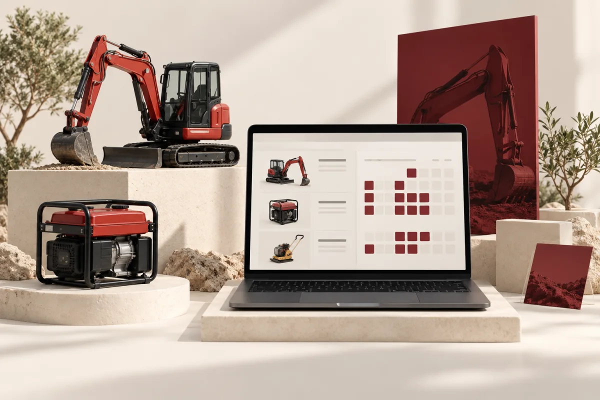 Equipment rental catalogue with availability calendar and quote request cards