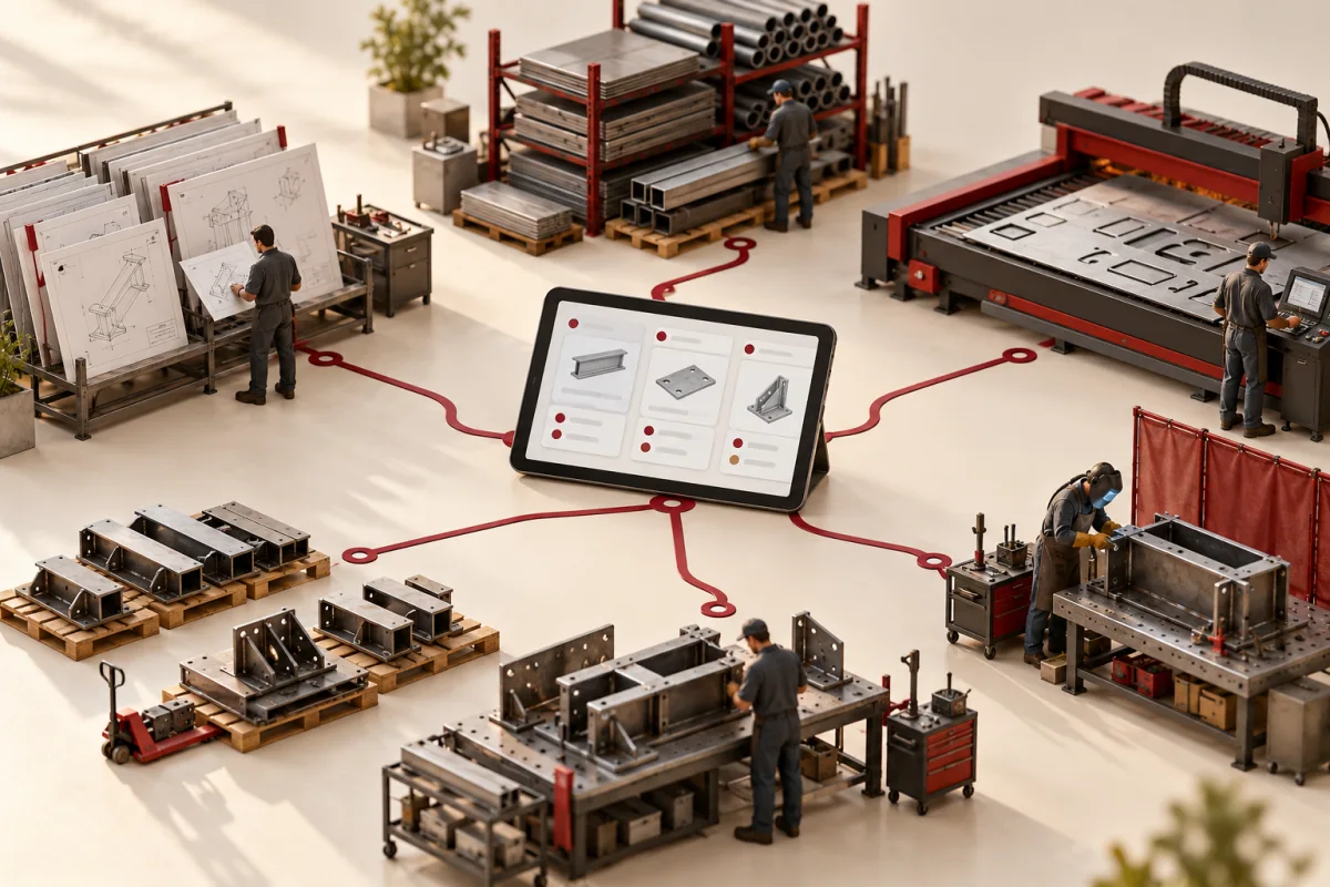 Fabrication job travellers and material racks linked to a production tracking tablet