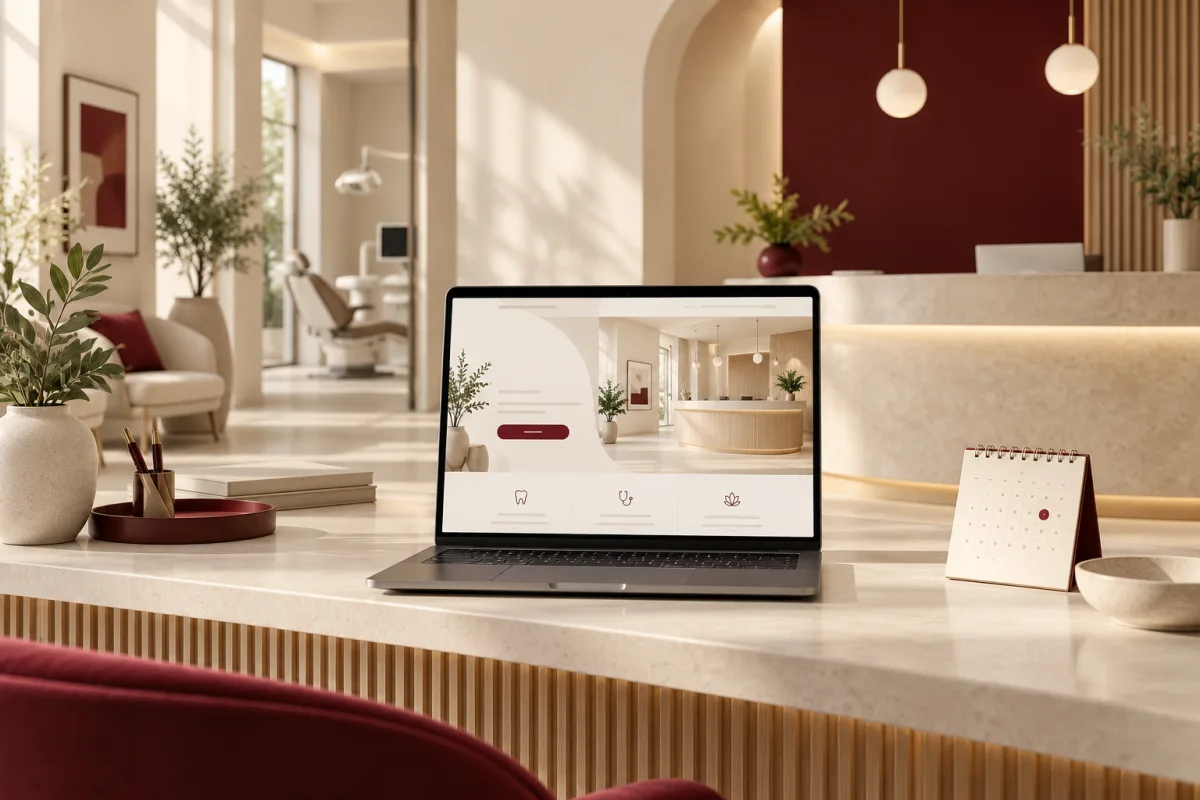 Welcoming clinic reception with a clear appointment website on a laptop