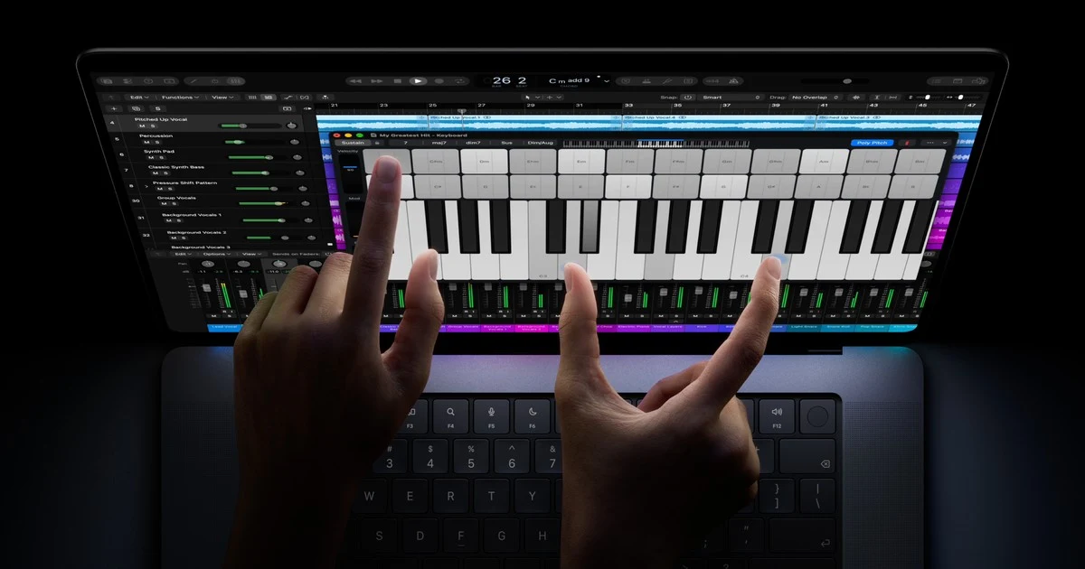 Apple official image illustrating the MacBook Pro PROLED XDR display and Touch experience