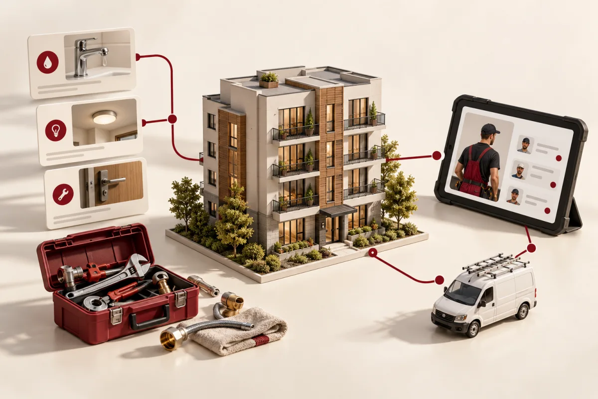 Apartment maintenance requests connected to contractor dispatch and resident updates