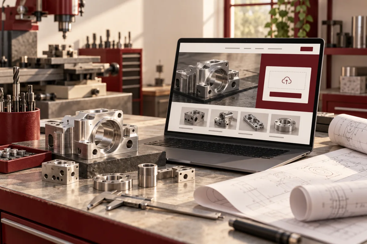 Precision fabrication samples and technical drawings beside a manufacturing RFQ website