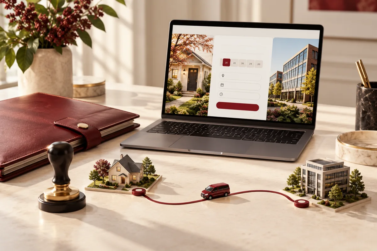 Mobile notary appointment website beside closed folders and a route map