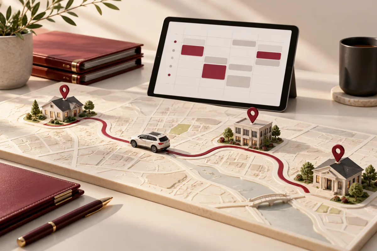 Mobile signing calendar with travel routes and confidential document folders