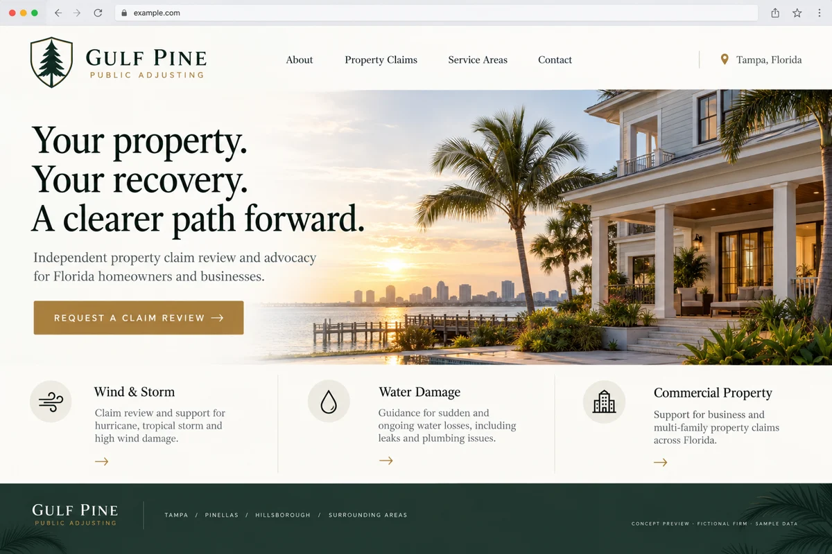 Public adjusters website concept with fictional regional firm branding and sample data