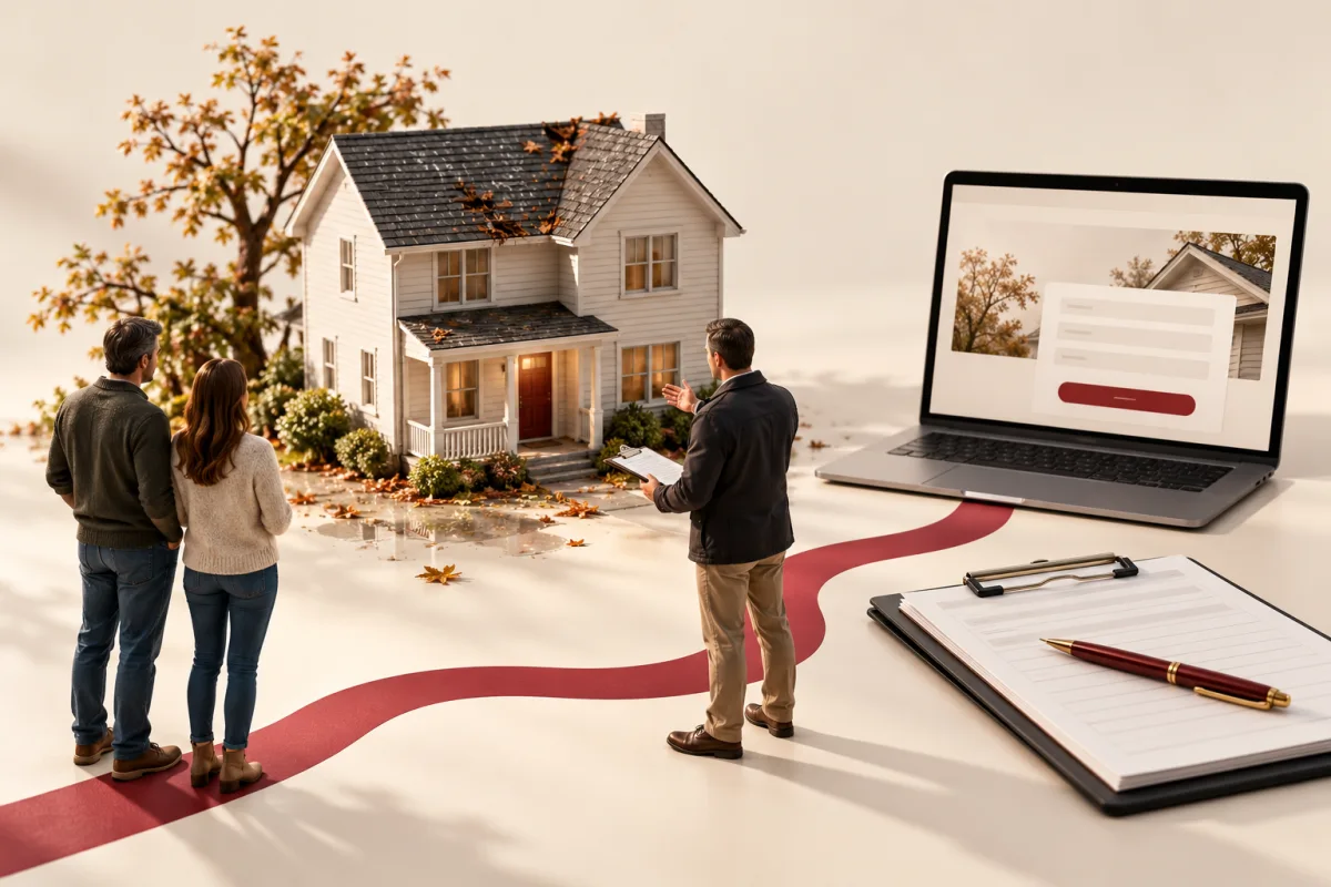 Public adjuster website beside a miniature home and inspection clipboard