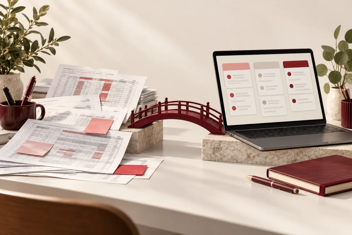 Spreadsheet papers transitioning into one organized business workflow on a laptop