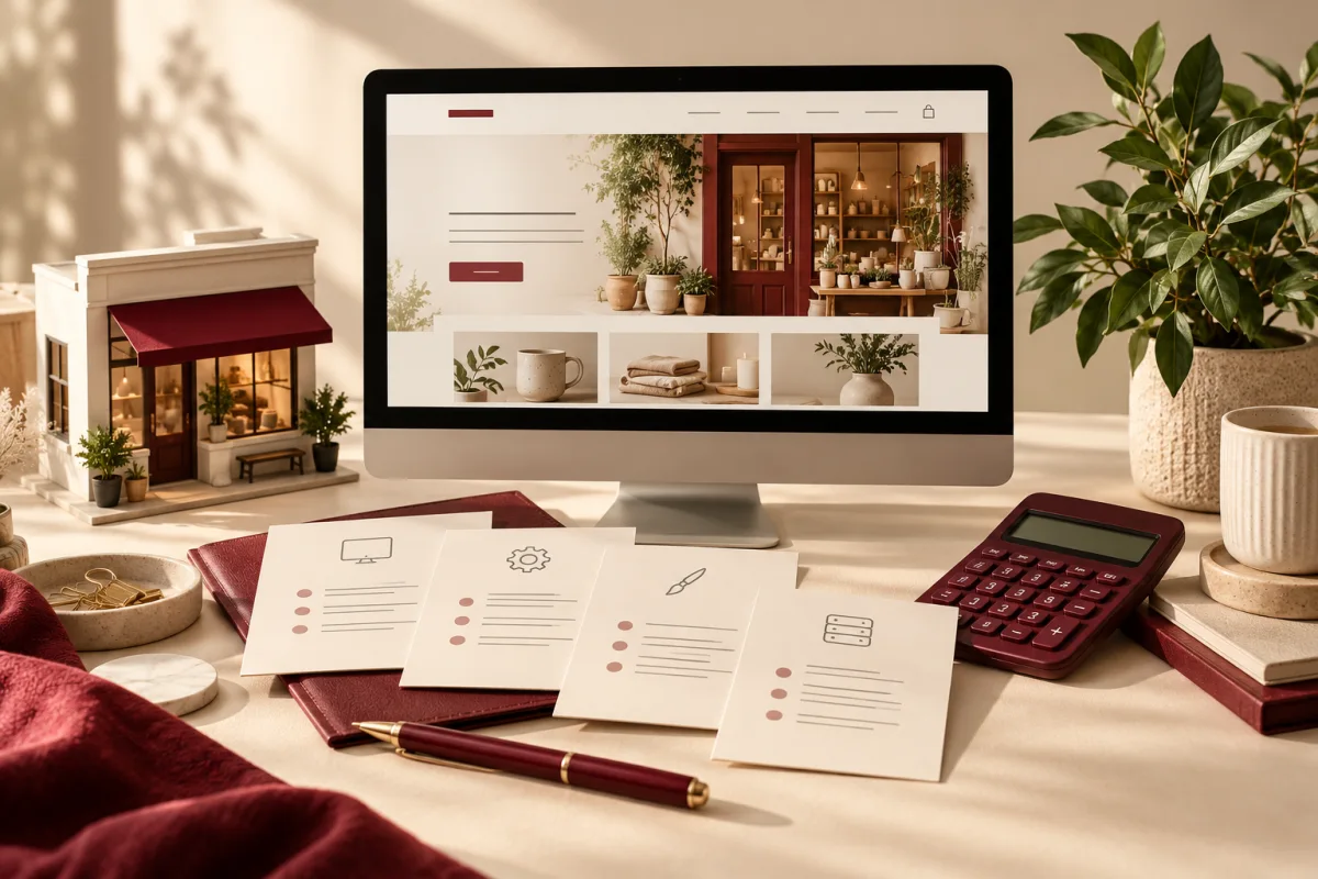 Small business website model beside project estimates and a burgundy calculator