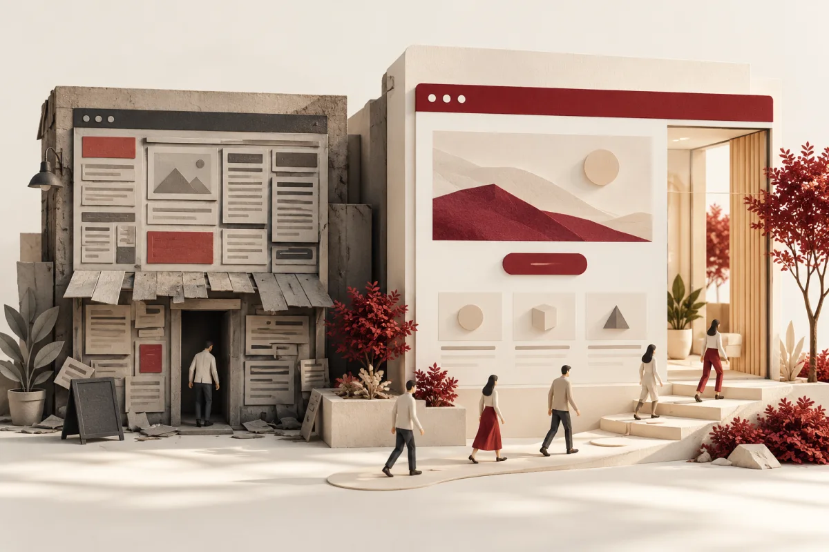 An old website facade transforming into a clear welcoming business website