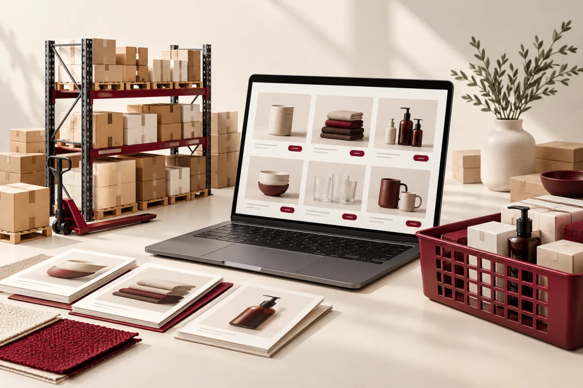 Wholesale product catalogue on a laptop beside warehouse shelving